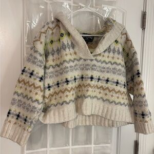 Free People Cream and Gray V-Neck Sweater